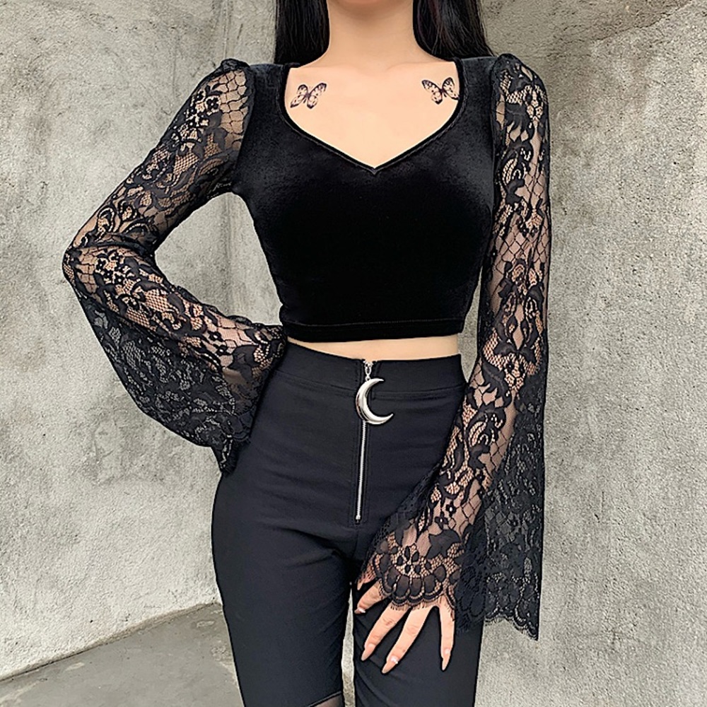 Black velvet long flare sleeve v-neck top